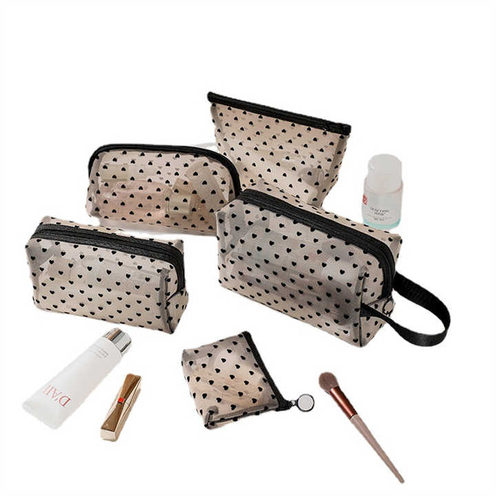 Wholesale polyester love mesh makeup bag transparent portable lipstick storage bag girls travel carry-on storage bag